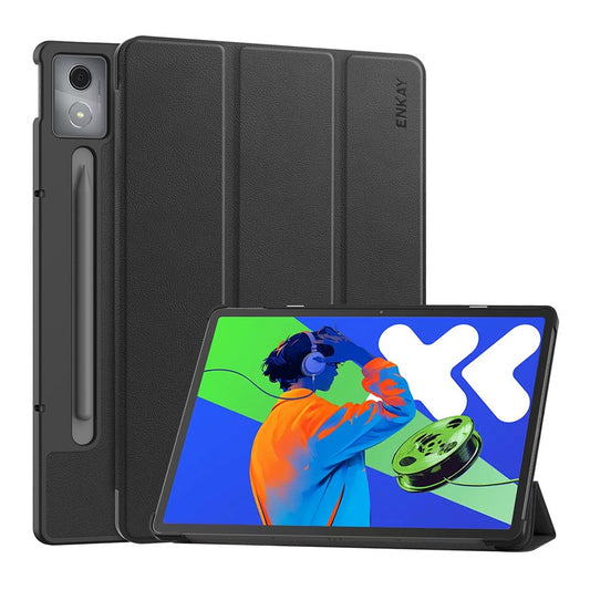 For Lenovo Xiaoxin Pad Pro 12.7 (2025) Trifold Stand Cover ENKAY HAT PRINCE PU Leather+PC Tablet Case with Auto Wake / Sleep - Black