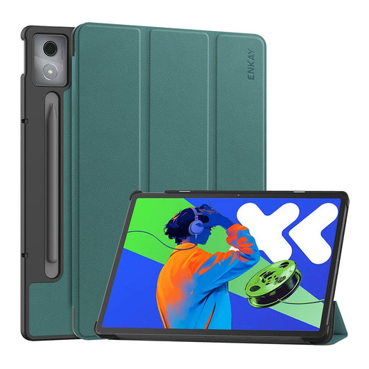 For Lenovo Xiaoxin Pad Pro 12.7 (2025) Trifold Stand Cover ENKAY HAT PRINCE PU Leather+PC Tablet Case with Auto Wake / Sleep - Dark Green