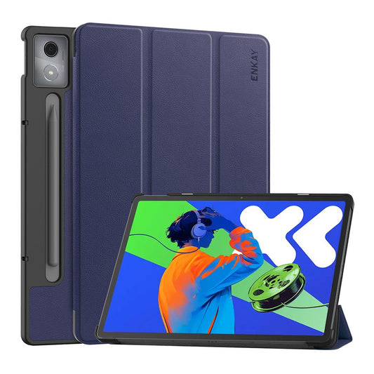 For Lenovo Xiaoxin Pad Pro 12.7 (2025) Trifold Stand Cover ENKAY HAT PRINCE PU Leather+PC Tablet Case with Auto Wake / Sleep - Dark Blue