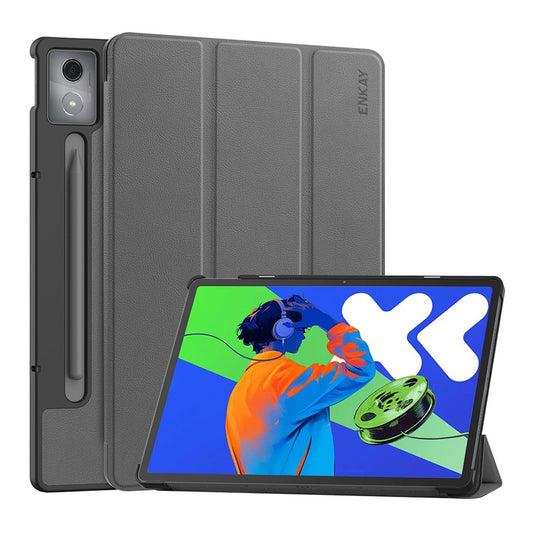 For Lenovo Xiaoxin Pad Pro 12.7 (2025) Trifold Stand Cover ENKAY HAT PRINCE PU Leather+PC Tablet Case with Auto Wake / Sleep - Grey