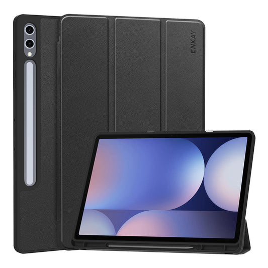 For Samsung Galaxy Tab S9+ / Galaxy Tab S9 FE+ / Galaxy Tab S10+ ENKAY Tri-Fold Stand Tablet Case PU Leather+TPU Smart Cover with Pencil Holder - Black