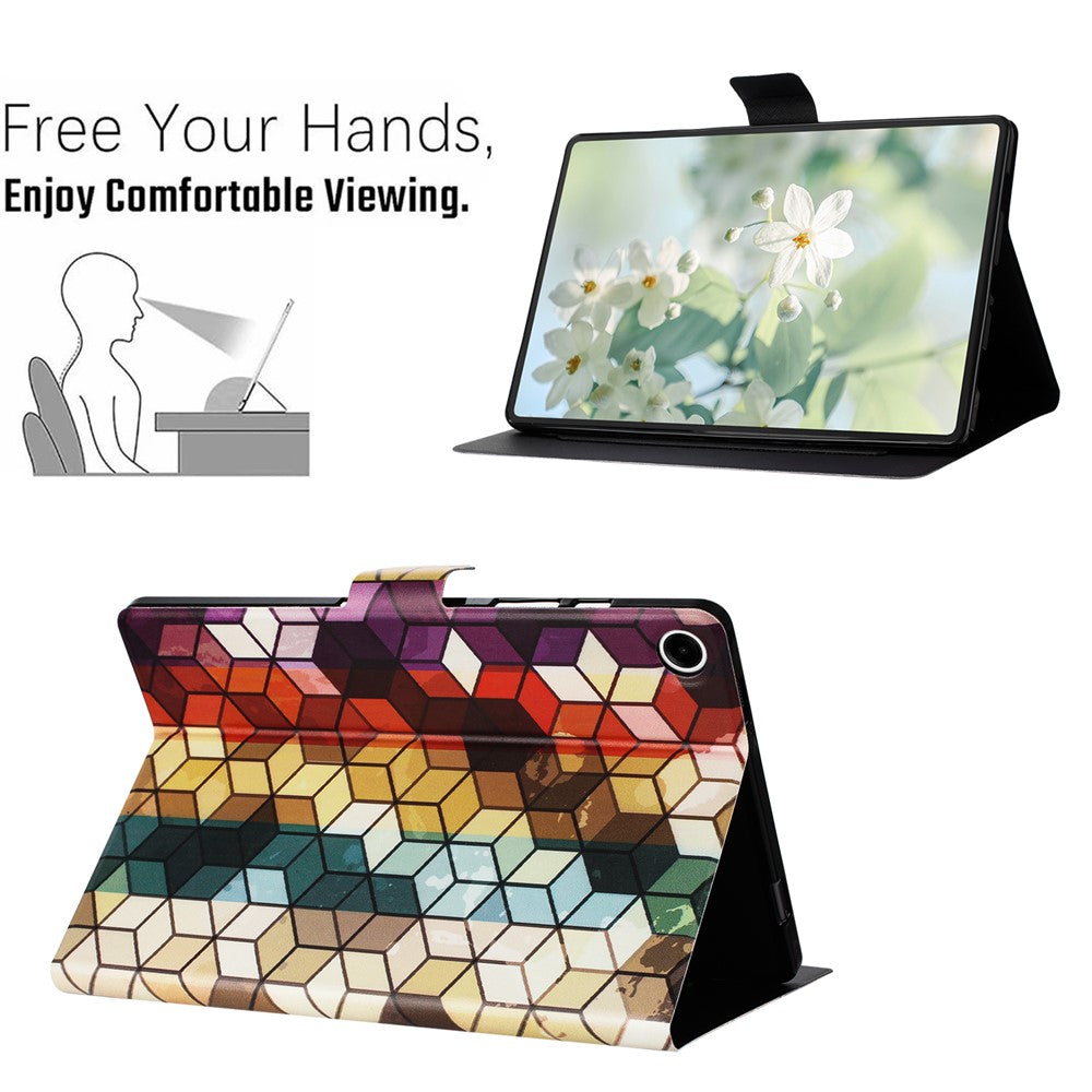 For Lenovo Tab M10 Plus (3rd Gen) TB-128F Case Pattern Printed Stand Litchi Texture Leather Tablet Cover with Card Slots - Block