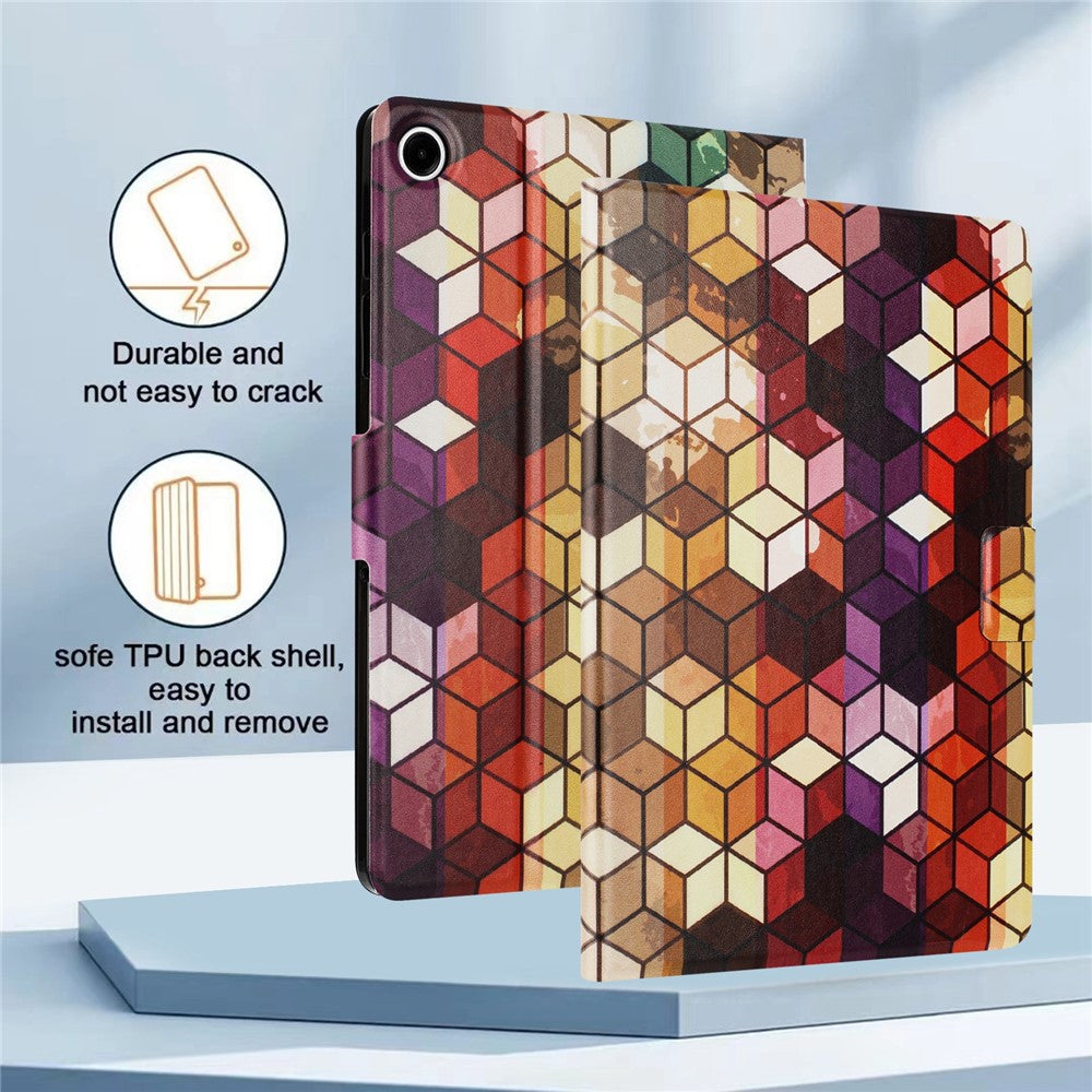 For Lenovo Tab M10 Plus (3rd Gen) TB-128F Case Pattern Printed Stand Litchi Texture Leather Tablet Cover with Card Slots - Block