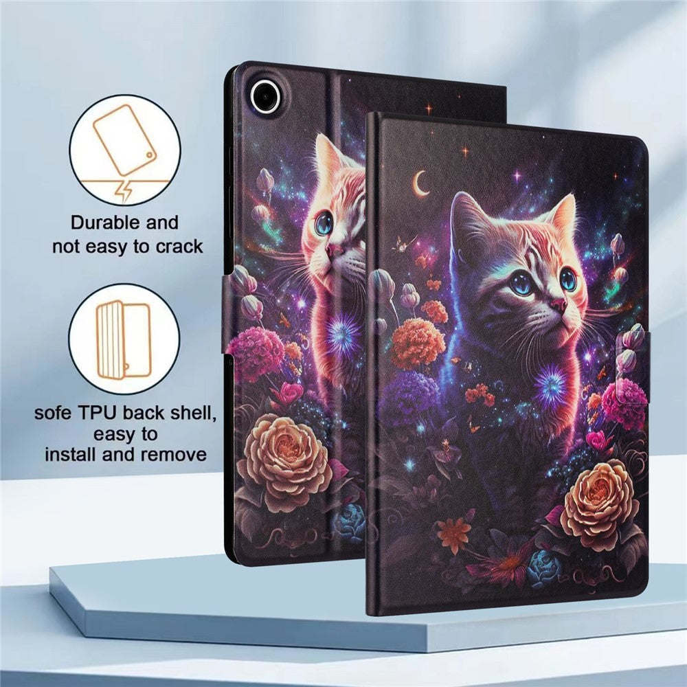 For Lenovo Tab M10 Plus (3rd Gen) TB-128F Case Pattern Printed Stand Litchi Texture Leather Tablet Cover with Card Slots - Cat