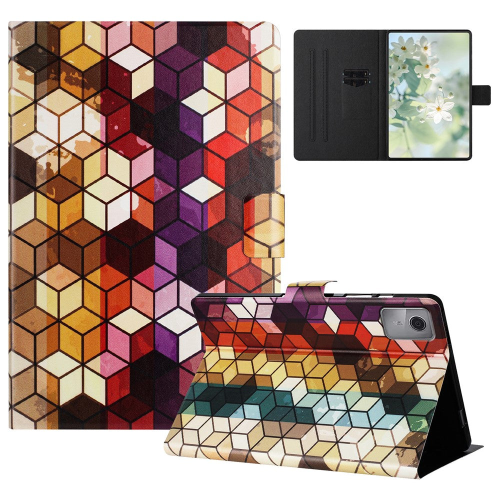 For Lenovo Tab M11 TB-330FU Case Pattern Printed Stand Litchi Texture Leather Tablet Cover with Card Slots - Block