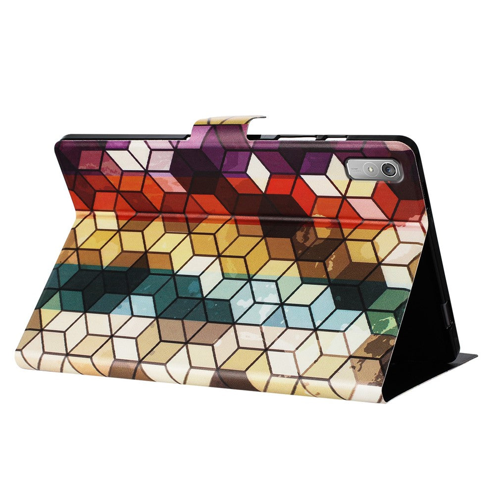 For Lenovo Tab P11 Gen 2 TB-350 Case Pattern Printed Stand Litchi Texture Leather Tablet Cover with Card Slots - Block