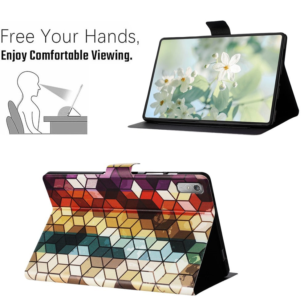 For Lenovo Tab P11 Gen 2 TB-350 Case Pattern Printed Stand Litchi Texture Leather Tablet Cover with Card Slots - Block