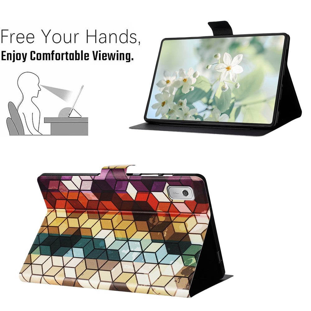 For Lenovo Tab M9 TB-310FU Case Pattern Printed Stand Litchi Texture Leather Tablet Cover with Card Slots - Block