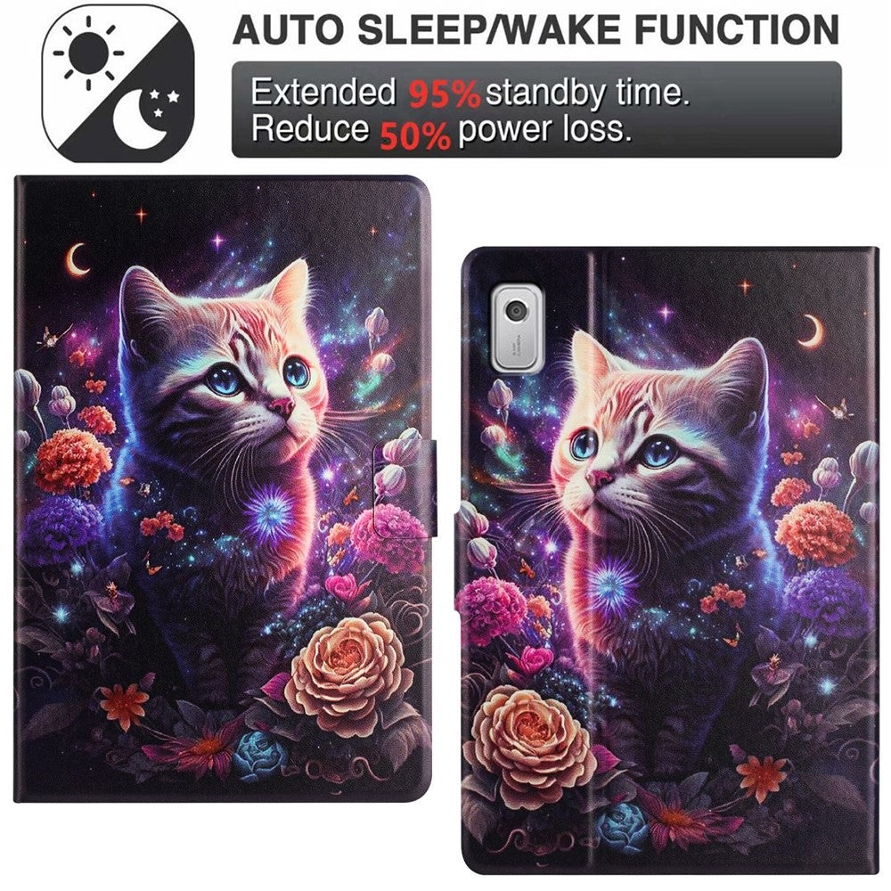 For Lenovo Tab M9 TB-310FU Case Pattern Printed Stand Litchi Texture Leather Tablet Cover with Card Slots - Cat