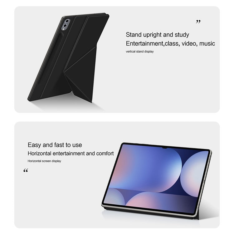 For Samsung Galaxy Tab S10 Ultra Case Origami Stand PU Leather Magnetic Tablet Cover - Black