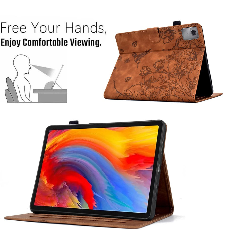 For Lenovo Tab M11 / Xiaoxin Pad 11 2024 Case Flower Bird Imprinted Card Holder Leather Tablet Cover - Brown