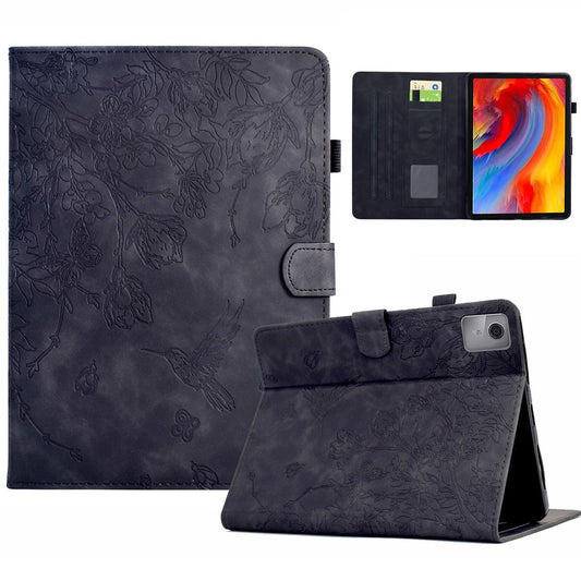 For Lenovo Tab M11 / Xiaoxin Pad 11 2024 Case Flower Bird Imprinted Card Holder Leather Tablet Cover - Black