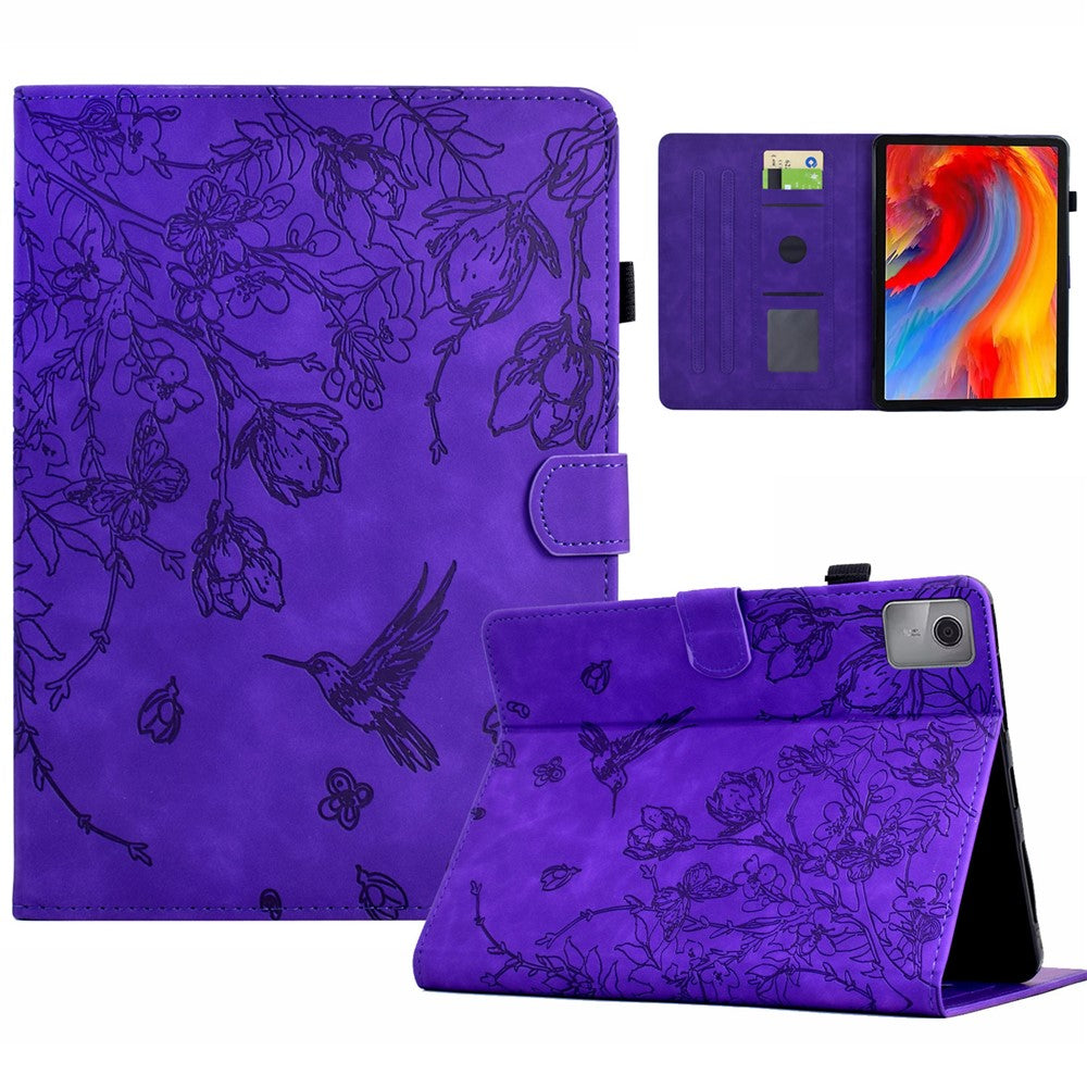 For Lenovo Tab M11 / Xiaoxin Pad 11 2024 Case Flower Bird Imprinted Card Holder Leather Tablet Cover - Purple