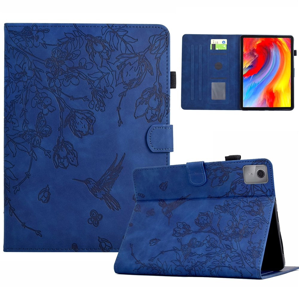 For Lenovo Tab M11 / Xiaoxin Pad 11 2024 Case Flower Bird Imprinted Card Holder Leather Tablet Cover - Dark Blue
