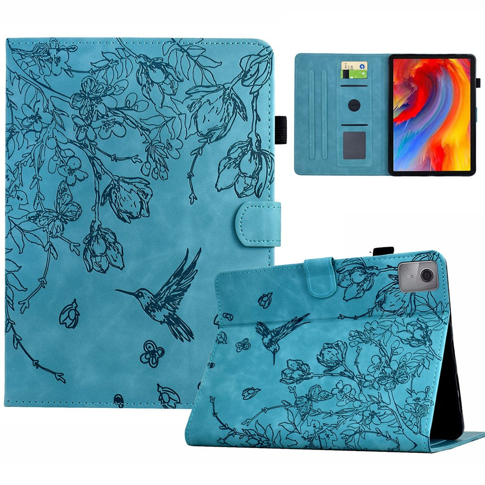 For Lenovo Tab M11 / Xiaoxin Pad 11 2024 Case Flower Bird Imprinted Card Holder Leather Tablet Cover - Baby Blue