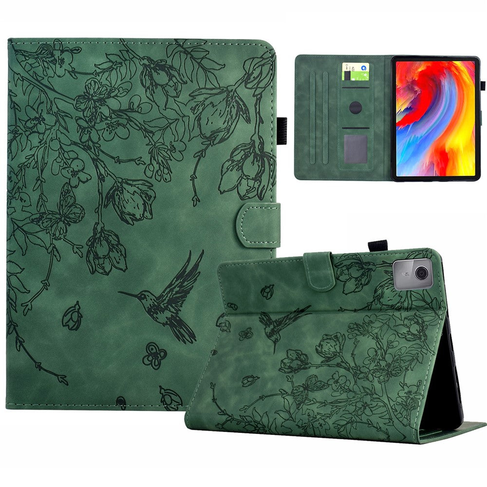 For Lenovo Tab M11 / Xiaoxin Pad 11 2024 Case Flower Bird Imprinted Card Holder Leather Tablet Cover - Green