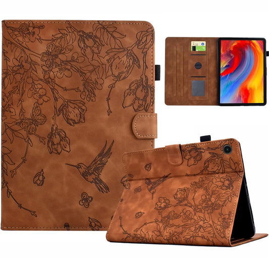 For Lenovo Tab M10 Plus (3rd Gen) Case Flower Bird Imprinted Card Holder Leather Tablet Cover - Brown