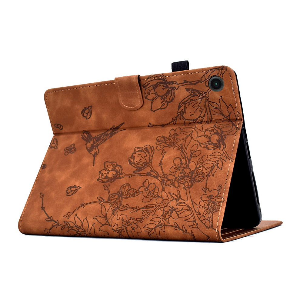 For Lenovo Tab M10 Plus (3rd Gen) Case Flower Bird Imprinted Card Holder Leather Tablet Cover - Brown