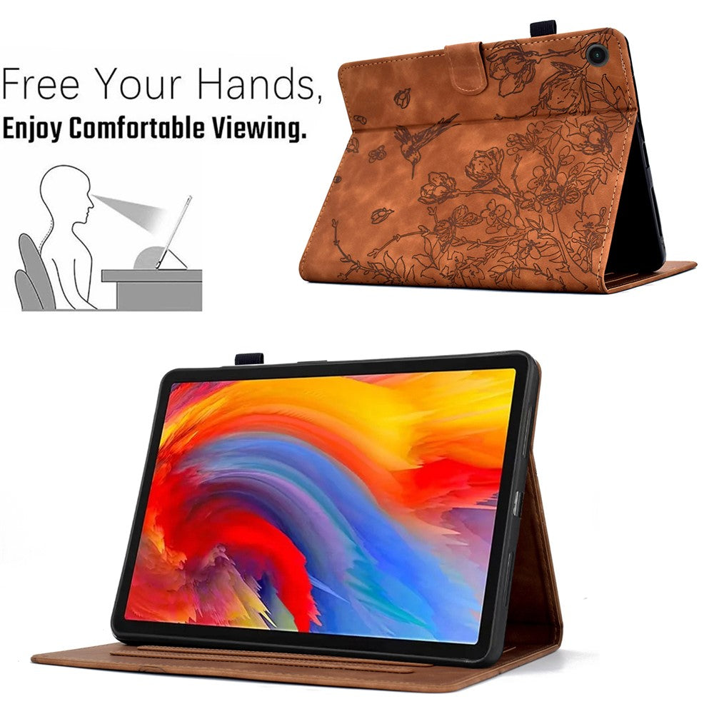 For Lenovo Tab M10 Plus (3rd Gen) Case Flower Bird Imprinted Card Holder Leather Tablet Cover - Brown