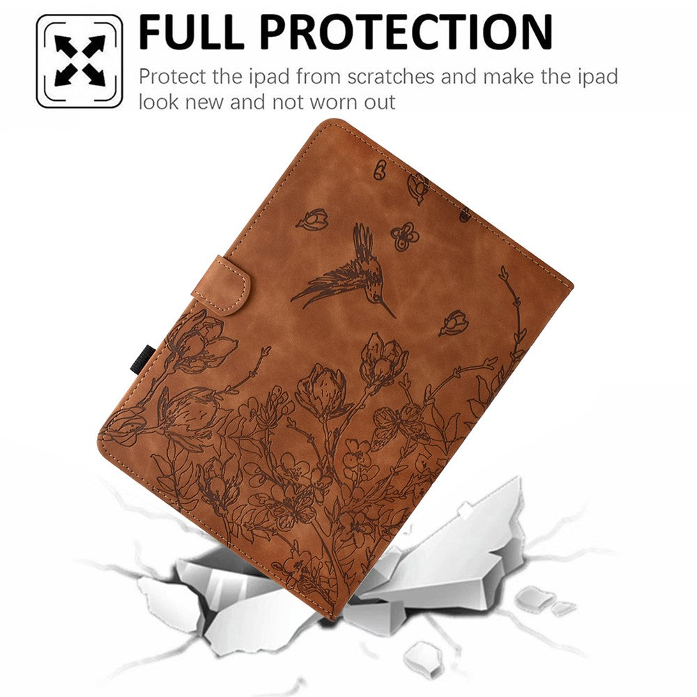 For Lenovo Tab M10 Plus (3rd Gen) Case Flower Bird Imprinted Card Holder Leather Tablet Cover - Brown