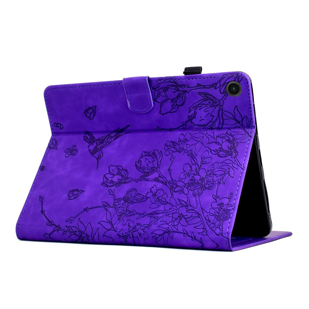 For Lenovo Tab M10 Plus (3rd Gen) Case Flower Bird Imprinted Card Holder Leather Tablet Cover - Purple