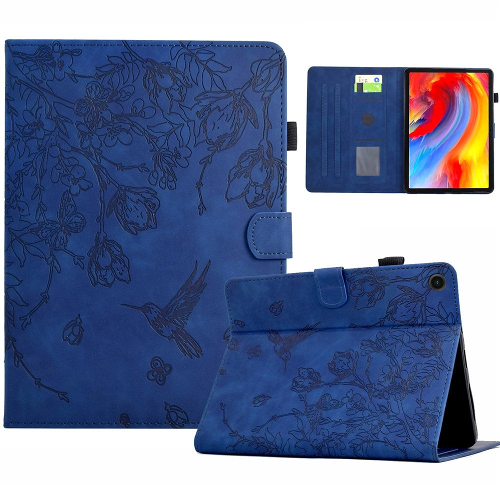 For Lenovo Tab M10 Plus (3rd Gen) Case Flower Bird Imprinted Card Holder Leather Tablet Cover - Dark Blue
