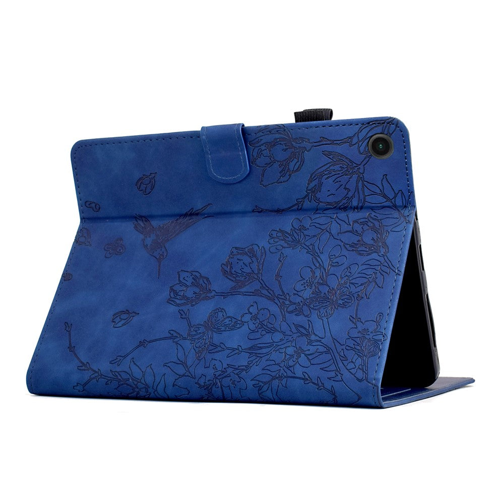 For Lenovo Tab M10 Plus (3rd Gen) Case Flower Bird Imprinted Card Holder Leather Tablet Cover - Dark Blue