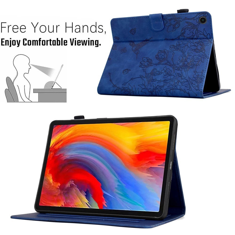 For Lenovo Tab M10 Plus (3rd Gen) Case Flower Bird Imprinted Card Holder Leather Tablet Cover - Dark Blue