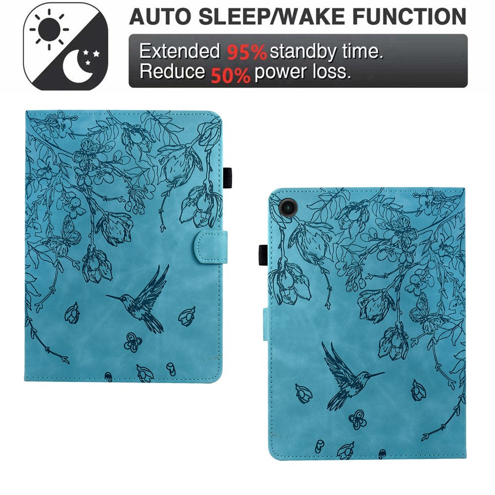 For Lenovo Tab M10 Plus (3rd Gen) Case Flower Bird Imprinted Card Holder Leather Tablet Cover - Baby Blue