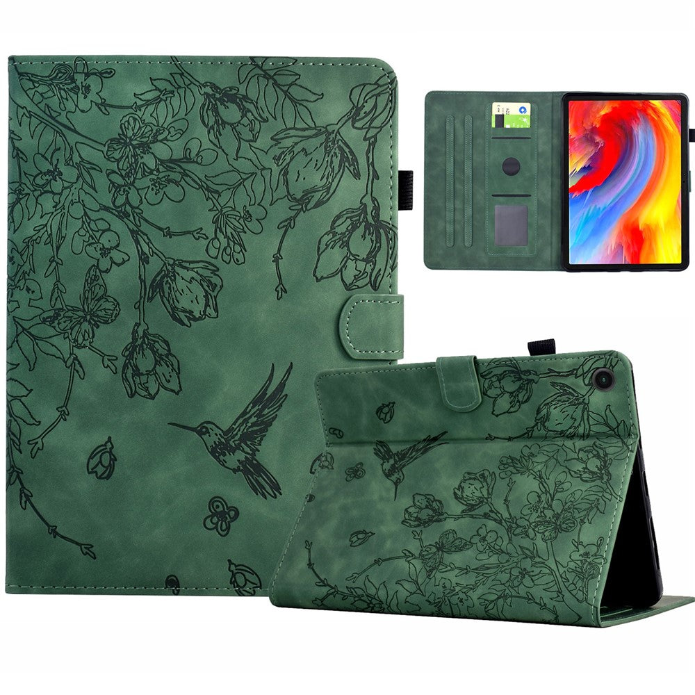 For Lenovo Tab M10 Plus (3rd Gen) Case Flower Bird Imprinted Card Holder Leather Tablet Cover - Green