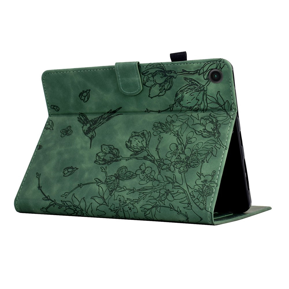 For Lenovo Tab M10 Plus (3rd Gen) Case Flower Bird Imprinted Card Holder Leather Tablet Cover - Green
