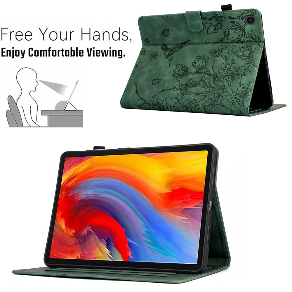 For Lenovo Tab M10 Plus (3rd Gen) Case Flower Bird Imprinted Card Holder Leather Tablet Cover - Green