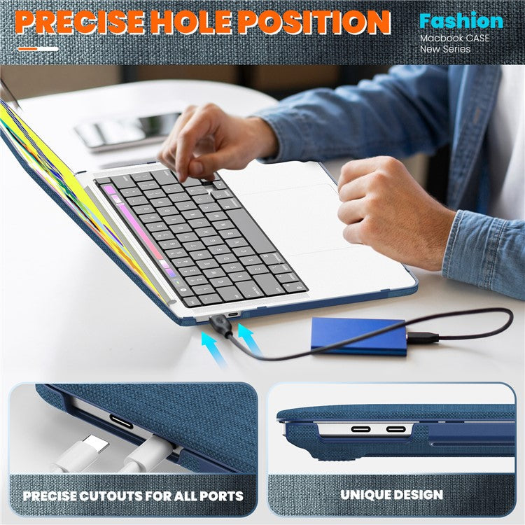 For MacBook Pro 13 inch (2022) / (2020) / (2018) A2338 M1 / M2 A2289 A2251 A2159 A1989 A1706 A1708 Laptop Case Anti-Slip PC+Cloth Flip Cover - Navy Blue