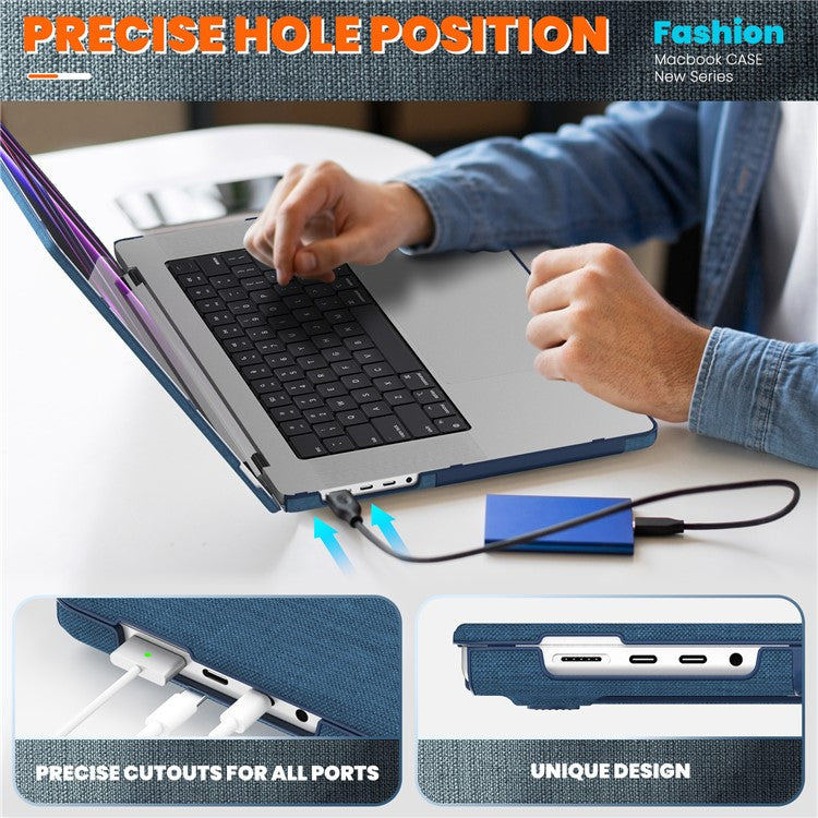 For MacBook Pro 14 inch (2023) (2021) A2442 M1 Pro / M1 Max / A2779 / M3 A2918 A2992 Laptop Case Anti-Slip PC+Cloth Flip Cover - Navy Blue