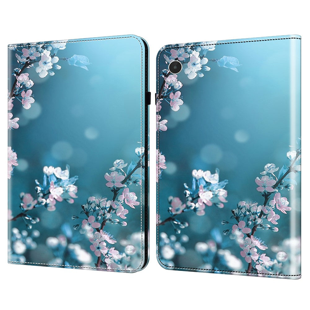 For Lenovo Tab Plus Case Pattern Printed Leather Tablet Cover with Card Slot - Peach Blossom