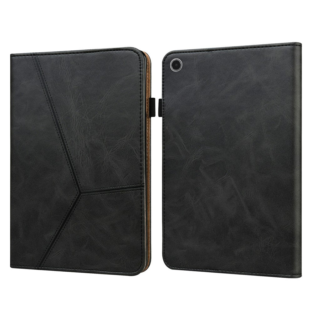 For Lenovo Tab Plus Case Line Imprinted PU Leather Card Holder Tablet Stand Cover - Black
