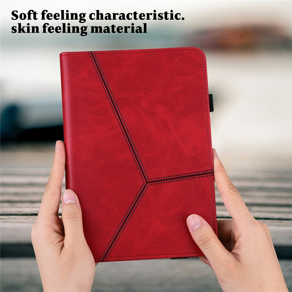 For Lenovo Tab Plus Case Line Imprinted PU Leather Card Holder Tablet Stand Cover - Red