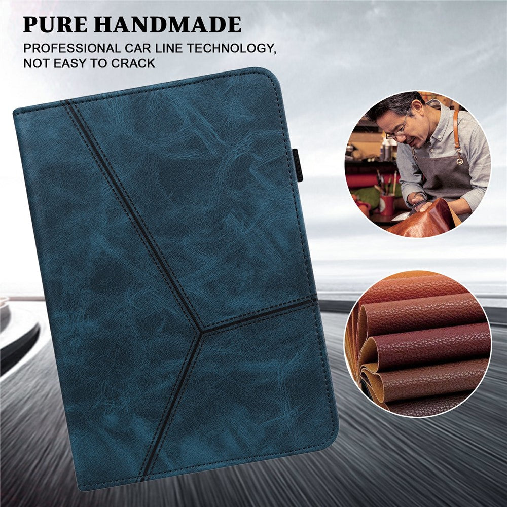 For Lenovo Tab Plus Case Line Imprinted PU Leather Card Holder Tablet Stand Cover - Blue