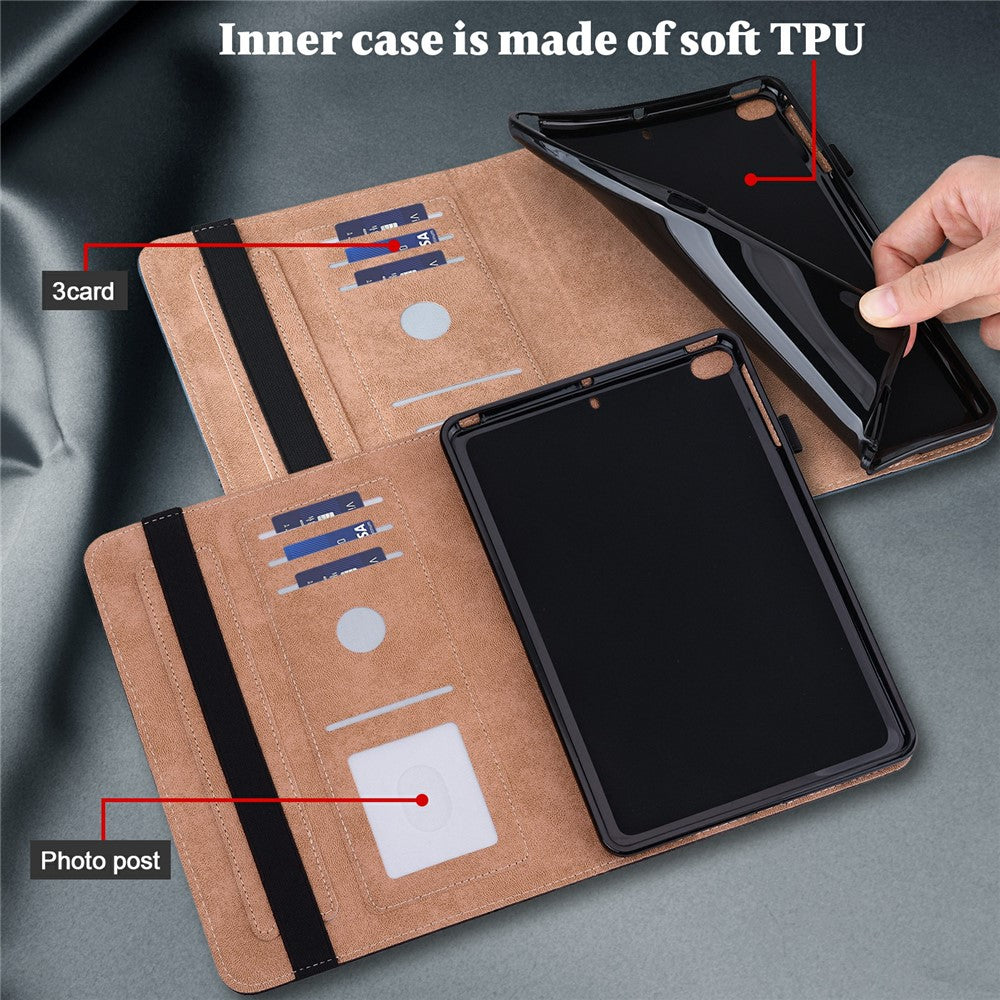 For Lenovo Tab Plus Case Line Imprinted PU Leather Card Holder Tablet Stand Cover - Blue