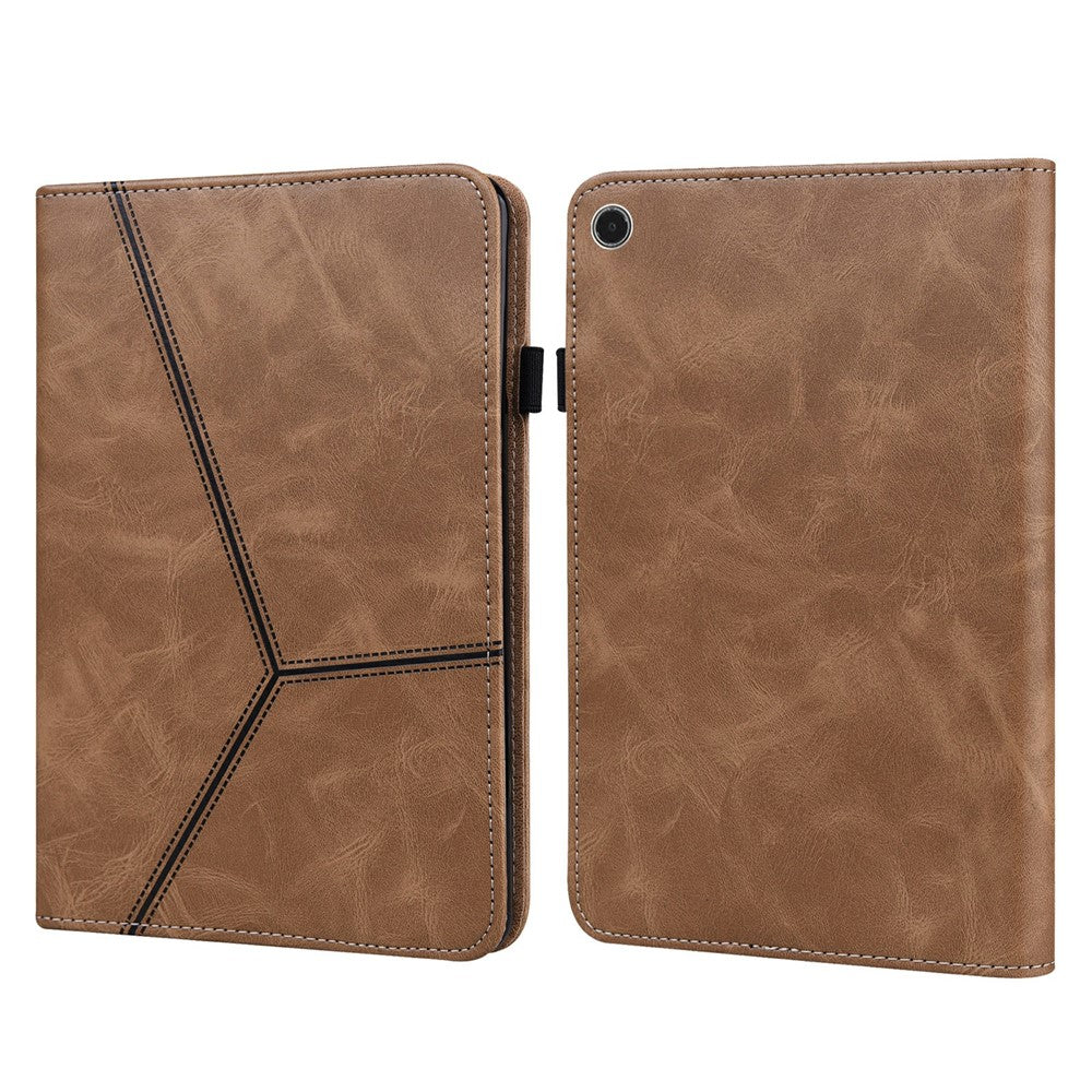 For Lenovo Tab Plus Case Line Imprinted PU Leather Card Holder Tablet Stand Cover - Brown