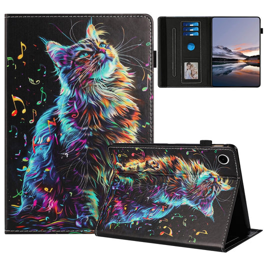 For Lenovo Tab M10 Plus (3rd Gen) Case Pattern Leather Tablet Cover with Auto Sleep / Wake, Card Holder - Musical Note Cat