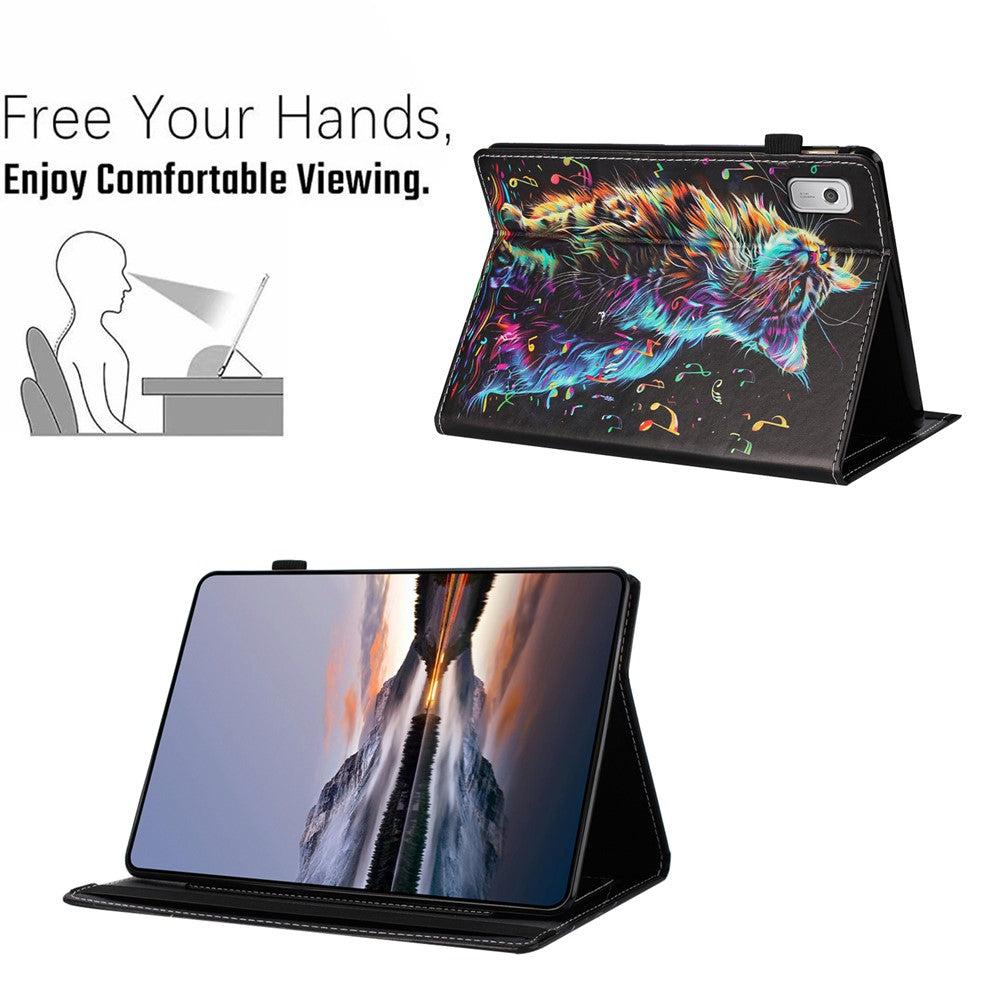 For Lenovo Tab M9 Case Pattern Leather Tablet Cover with Auto Sleep / Wake, Card Holder - Musical Note Cat