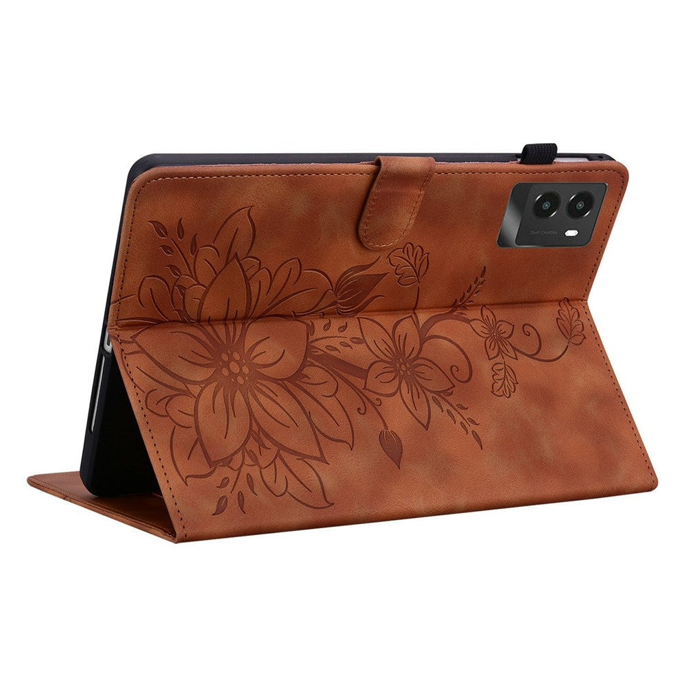 For Lenovo Legion Y700 (2025) Case Lily Flower Imprint Card Slots Leather Tablet Cover - Brown