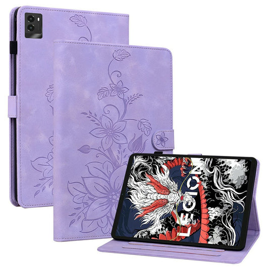 For Lenovo Legion Y700 (2025) Case Lily Flower Imprint Card Slots Leather Tablet Cover - Purple