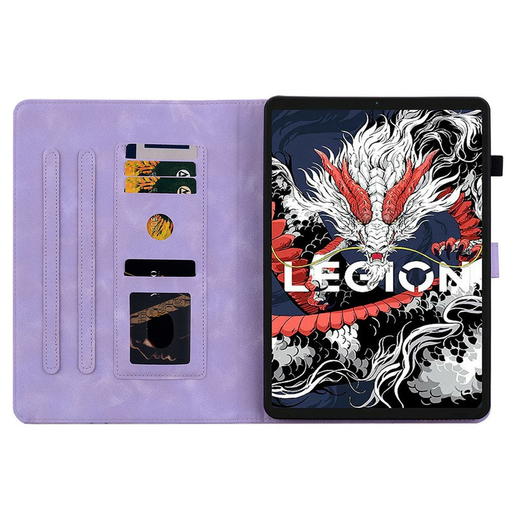 For Lenovo Legion Y700 (2025) Case Lily Flower Imprint Card Slots Leather Tablet Cover - Purple