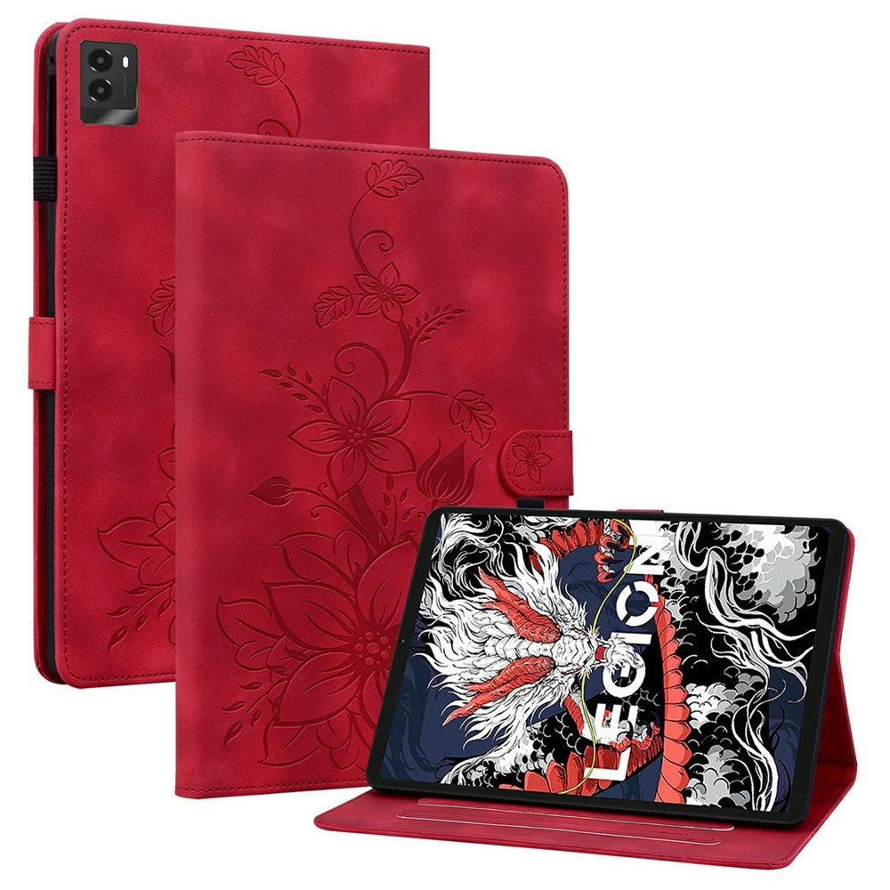 For Lenovo Legion Y700 (2025) Case Lily Flower Imprint Card Slots Leather Tablet Cover - Red