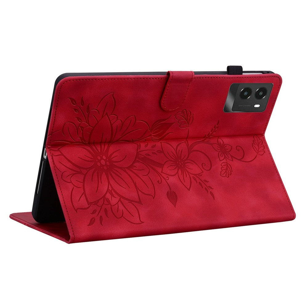 For Lenovo Legion Y700 (2025) Case Lily Flower Imprint Card Slots Leather Tablet Cover - Red