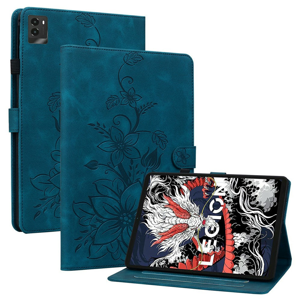 For Lenovo Legion Y700 (2025) Case Lily Flower Imprint Card Slots Leather Tablet Cover - Blue