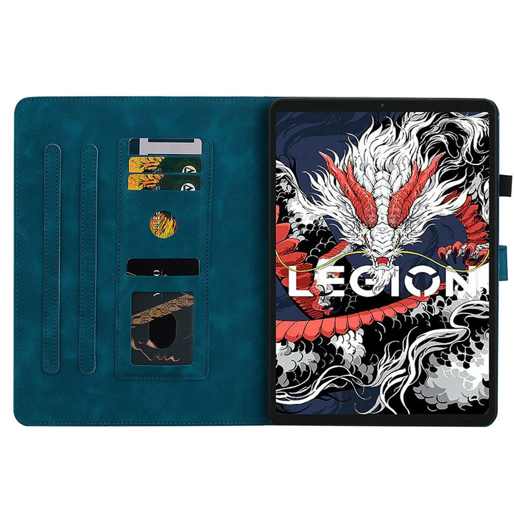 For Lenovo Legion Y700 (2025) Case Lily Flower Imprint Card Slots Leather Tablet Cover - Blue