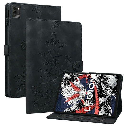 For Lenovo Legion Y700 (2025) Case Lily Flower Imprint Card Slots Leather Tablet Cover - Black
